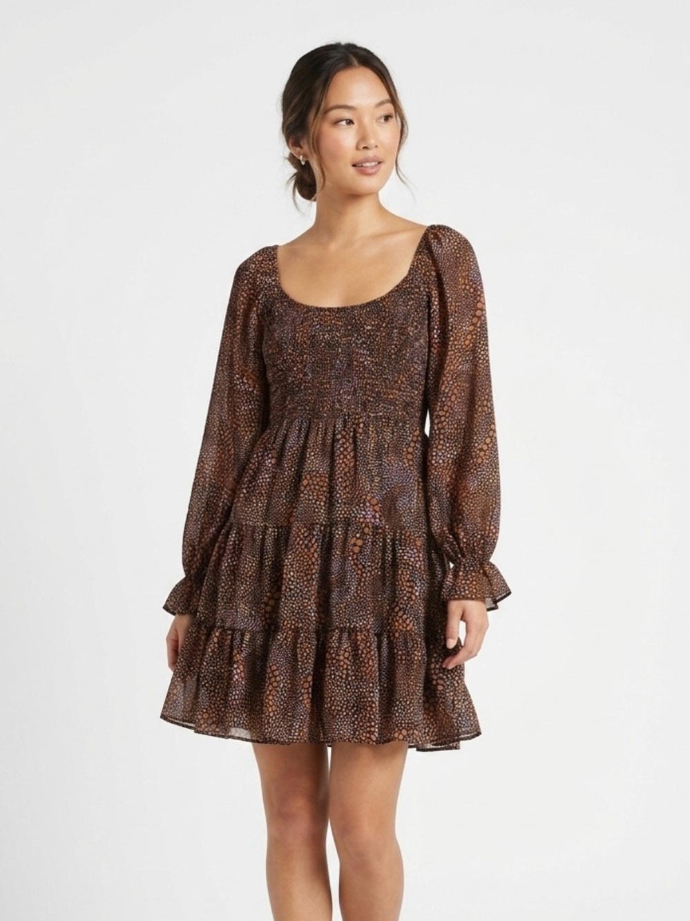Brown Printed Smocked Tiered Mini Dress - M